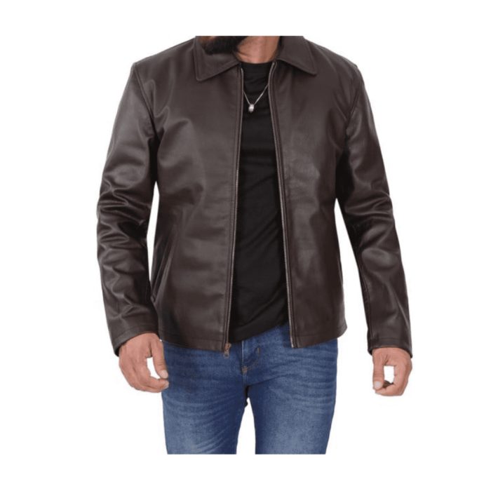 Essential20Brown20Leather20Moto20Jacket20Mens20With20Shirt20Collar20Front