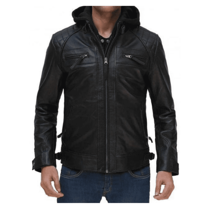 Ideal20Mens20Black20Leather20Moto20Jacket20With20Hood20Front