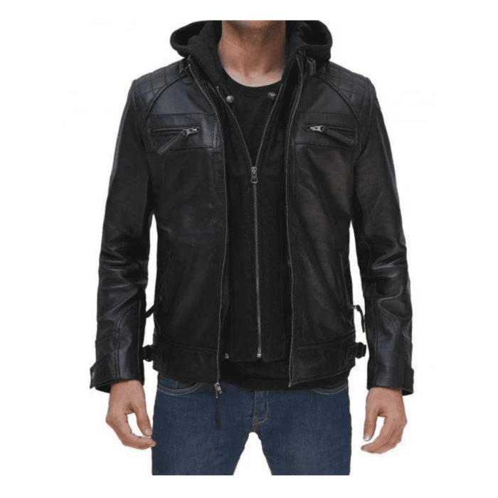 Ideal20Mens20Black20Leather20Moto20Jacket20With20Hood20Front20Open