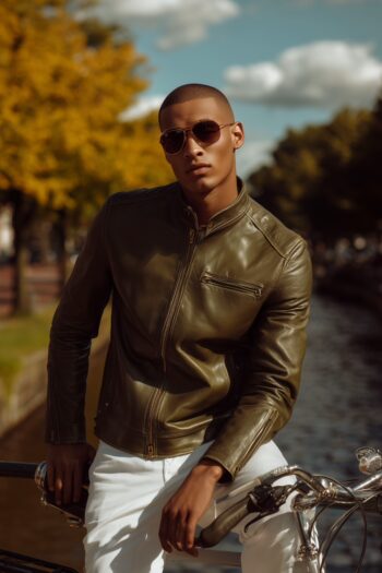 Castor Olive Green Leather Cafรฉ Racer Jacket