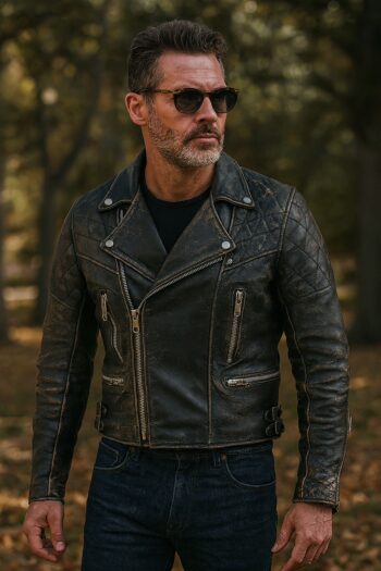Mens Vintage Distressed Black Biker Leather Jacket