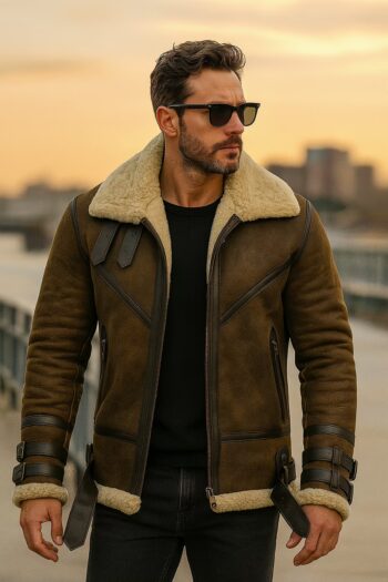 H&B Tailored Clothing 8 B3 Brown Leather Aviator Coat With Shearling